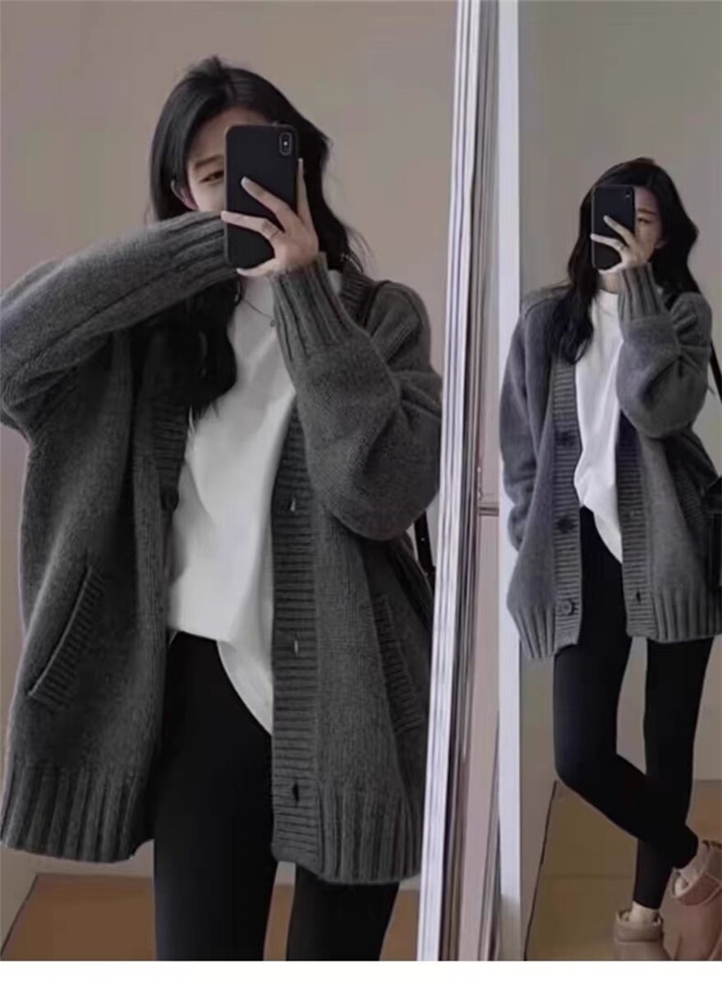 开衫女中长款V领秋冬慵懒软糯休闲宽松保暖针织衫,女装羊毛衫,恒恩羊绒
