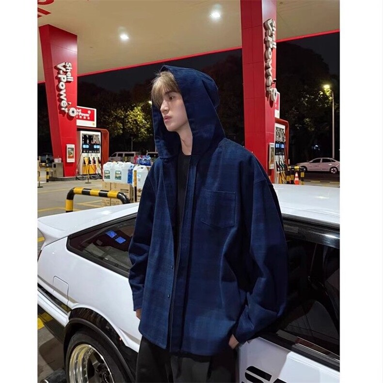 现货现货网图抖音品质磨毛格子连帽长袖衬衫CS2501P65,男装衬衫,星座1904A