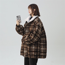 毛呢秋冬格子大衣翻领羊羔绒加绒加厚棉服宽松外套A170-M808-TP95，男装棉衣，电商A170