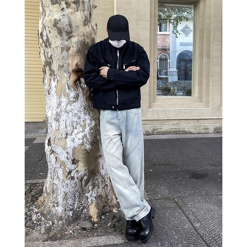 不规则设计感直筒牛仔裤男士痞帅炸街时尚阔腿水洗老爹裤子,男装牛仔裤,星座410-7
