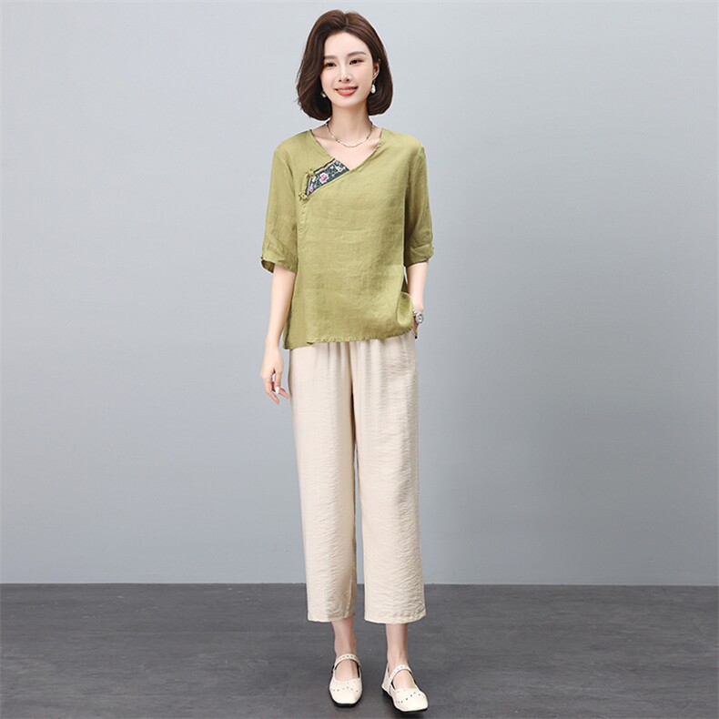 高端时尚棉麻阔腿裤套装女2024夏季新款复古刺绣民族风亚麻两件套,女装套装/套裙,凝聚力