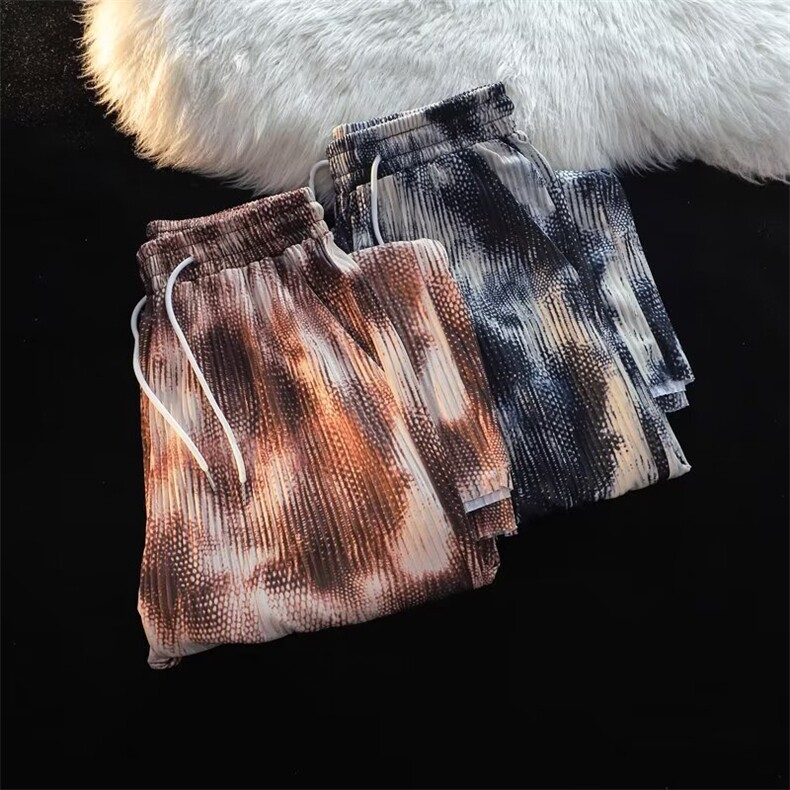美式高街扎染渐变压褶皱压条冰丝设计感小众潮牌宽松直筒阔腿裤图片