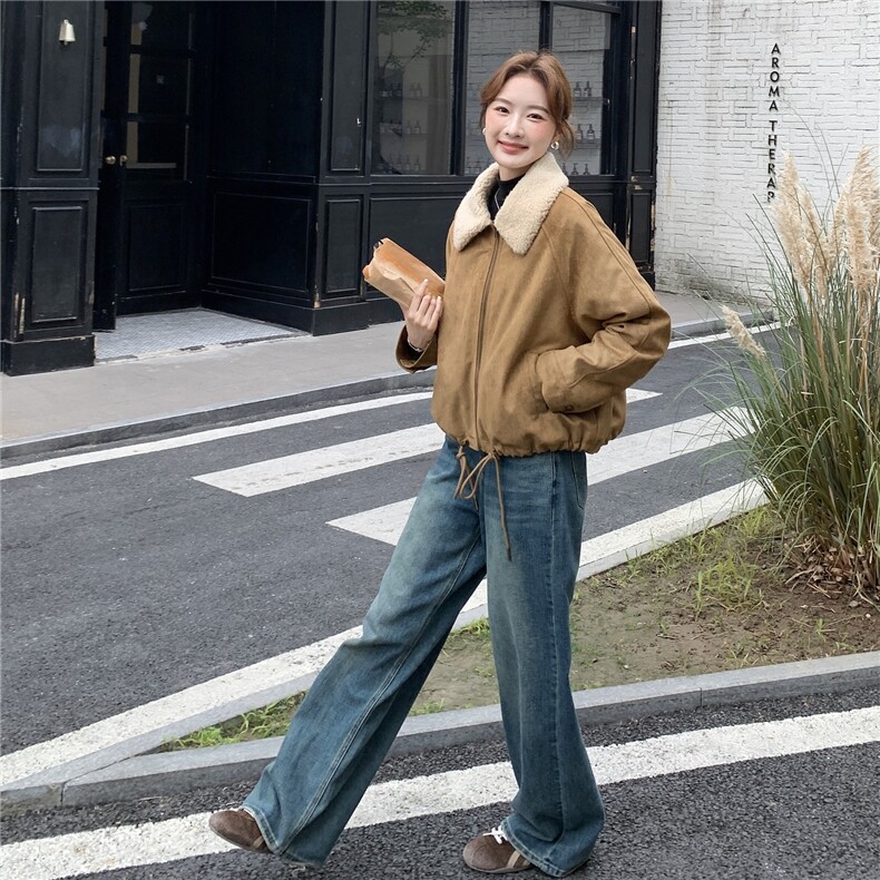 驼色羊羔毛领夹棉麂皮绒外套女2025冬季新款时尚洋气宽松加厚上衣,女装短外套,2C129