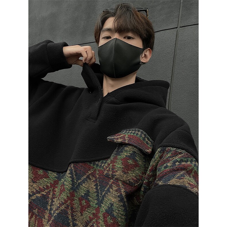 WY10096-P55摇粒绒撞色拼接保暖连帽小众卫衣,男装棉衣,电商A059