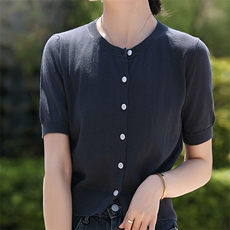 夏季新款简约圆领纯棉高腰短款平面开衫宽松百搭显瘦时尚休闲上衣，女装针织衫/毛衣，鑫源羊绒