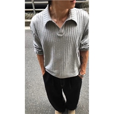 网图老钱风舒适慵懒麦穗纹针织POLO衫秋季高级感V领长袖T恤特P28，男装Polo衫，电商C306-1