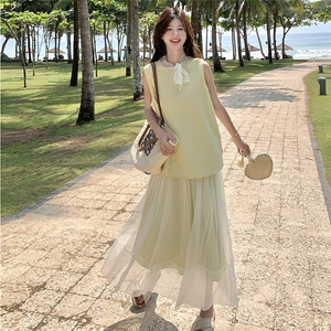 夏日小清新一整套穿搭女2025新款贵气感无袖上衣网纱半身裙两件套图片