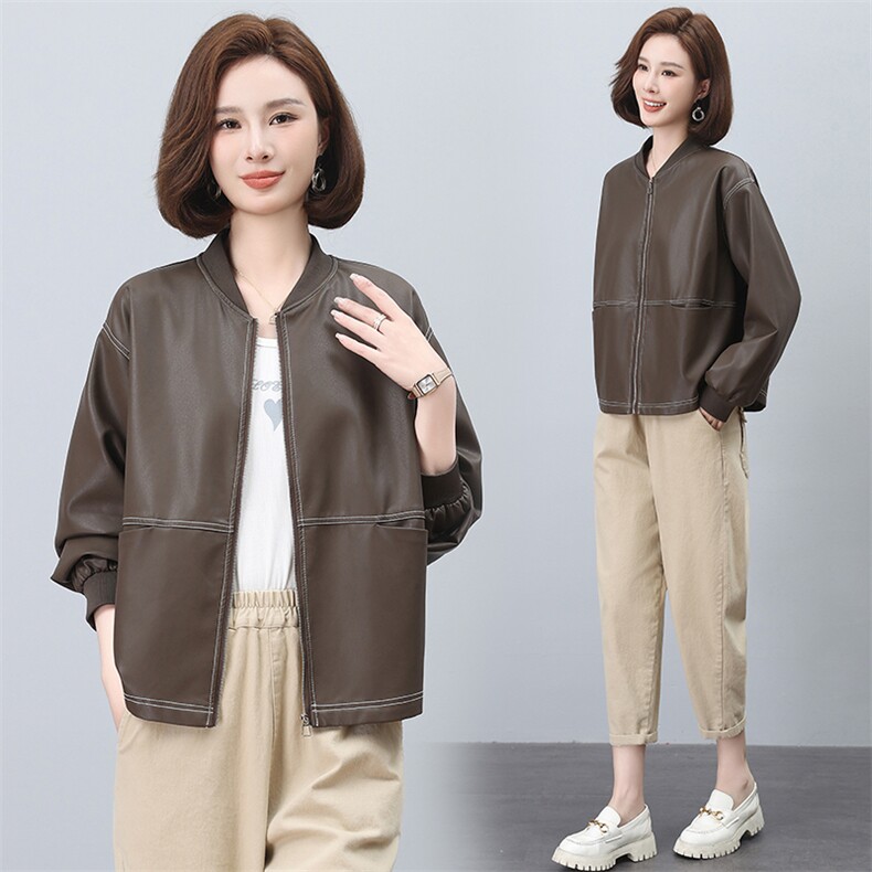 PU皮衣女短款2025年新款小个子中年妈妈时尚棒球服春秋季夹克上衣,女装皮衣,希欧阁