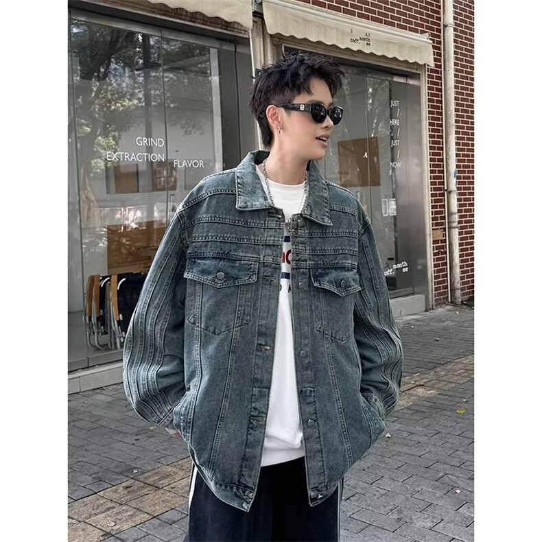 美式复古水洗牛仔翻领外套男春秋潮牌cleanfit短款痞帅工装夹克,男装工装外套,四季星座505