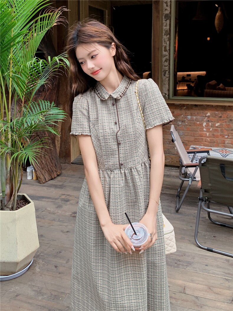 学院风格纹连衣裙女春夏收腰显瘦中长裙格子裙子,女装连衣裙,衣秀之家