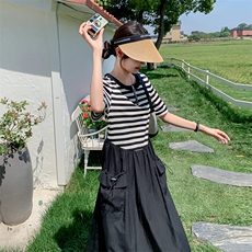 新款现货主推条纹拼接大口袋连衣裙9831-P125-K178，女装连衣裙，2C129