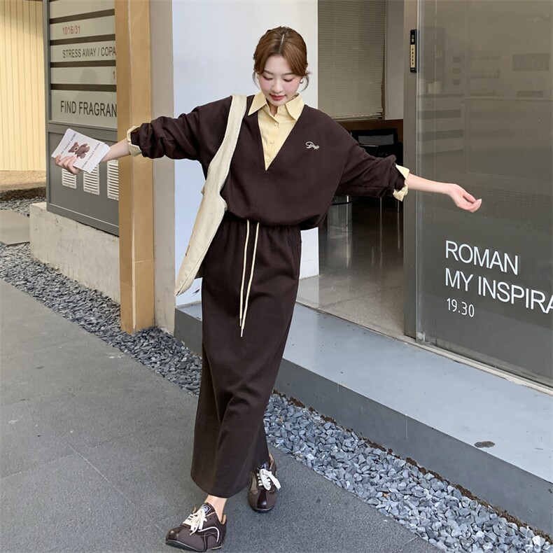 咖色衬衫拼接假两件卫衣套装裙女2025秋新款复古显瘦半身裙两件套,女装套装/套裙,2C275