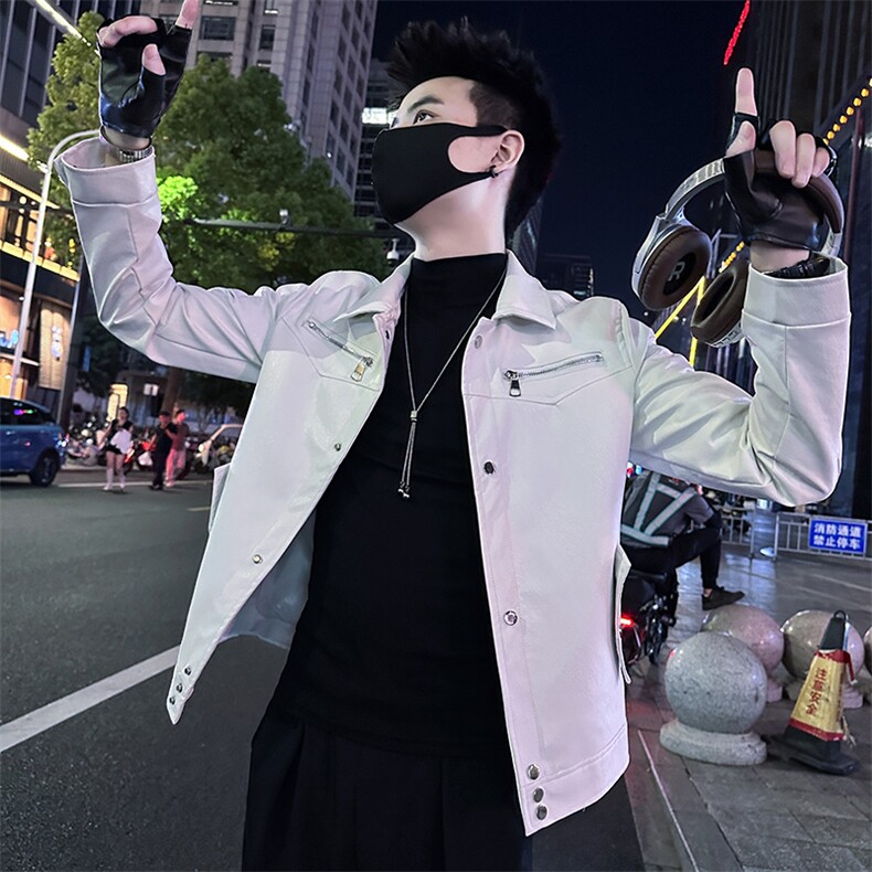 高级感白色水洗皮衣男潮流短款翻领机车皮夹克P1807-P118图片