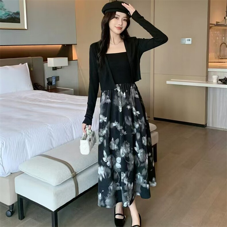 精品现货2024秋装女新款时尚气质优雅针织披肩修身吊带连衣裙套装，女装套装/套裙，煊芮熙