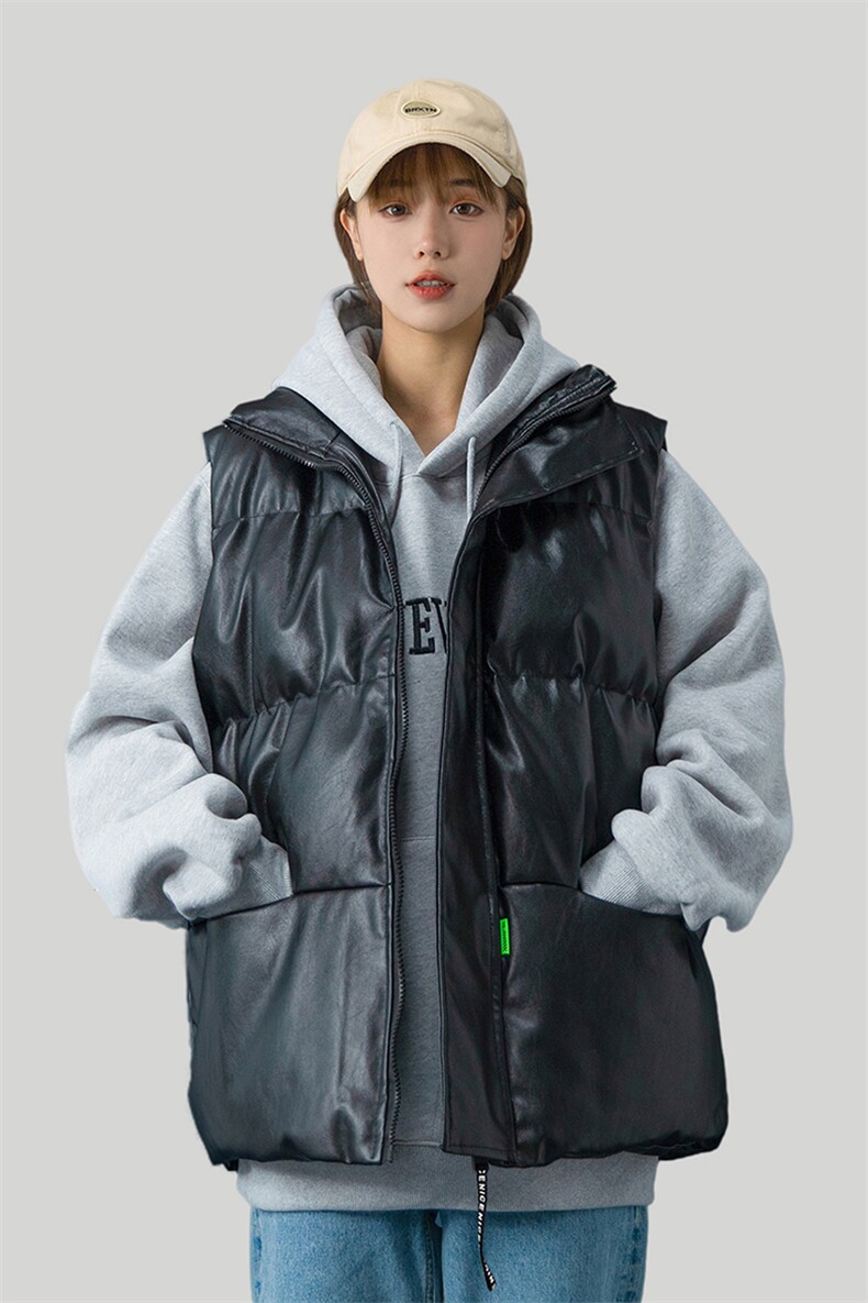 美式复古PU皮马甲棉服男女冬季潮牌宽松加厚立领坎肩外套HY22P85,男装棉衣,电商A102B