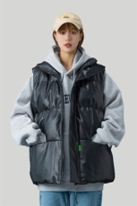 美式复古PU皮马甲棉服男女冬季潮牌宽松加厚立领坎肩外套HY22P85，男装棉衣，电商A102B