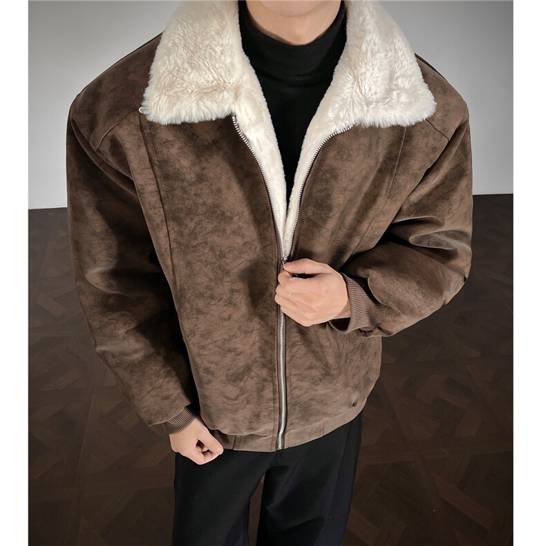美拉德羊羔毛pu皮棉衣加绒加厚情侣棉服外套男H1166特P85,男装皮衣,电商A341