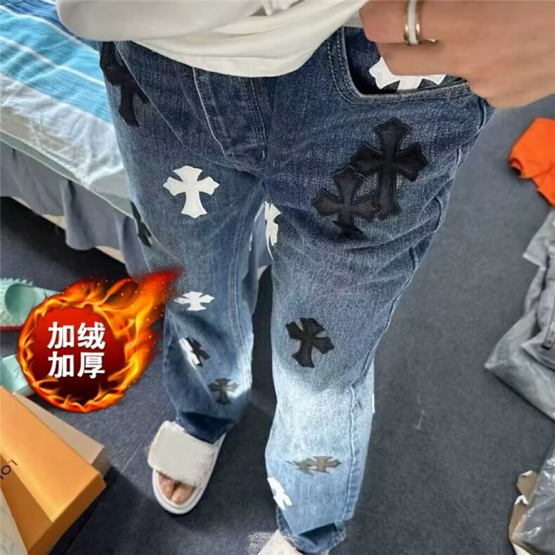 1506-1/KCD081/P69原创高街水洗拼皮复古直筒宽松牛仔裤男女图片