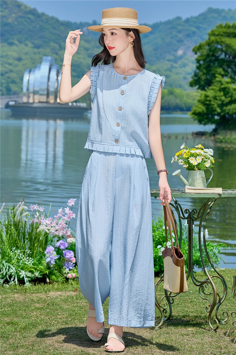 蓝色气质木耳边套装女夏季2026新款无袖上衣直筒宽松裤两件套裤,女装套装/套裙,梦懿尔