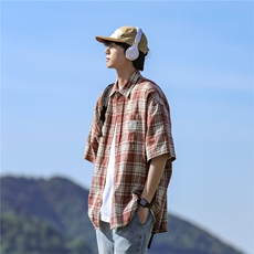 格子短袖衬衫男夏季新款美式复古高街衬衣小众潮流上衣CY849-P38，男装衬衫，星座412-2