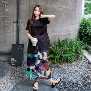 黑色网纱拼接上衣印花半身裙套装女2025夏季新款小众不撞款两件套图片