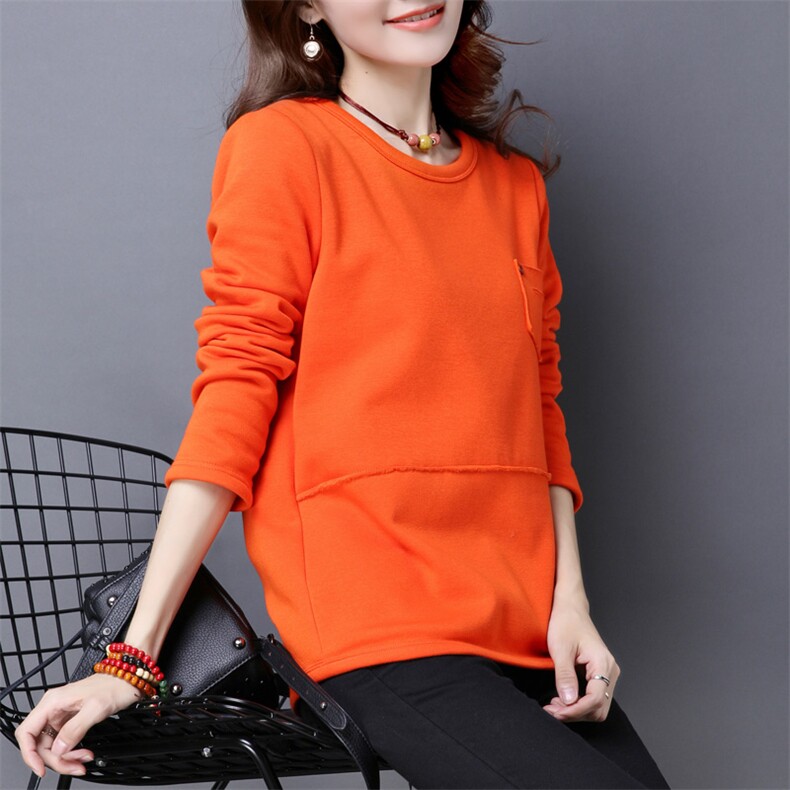 口袋圆领时尚卫衣/绒衫纯色创意2020年冬季长袖修身，女装卫衣/绒衫，丽影随形