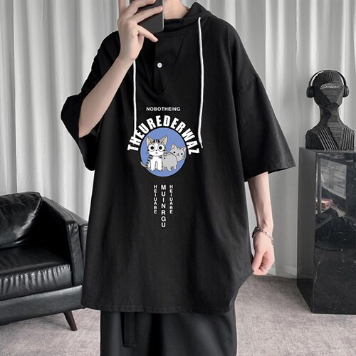 LD54160-P45 连帽短袖t恤男大码胖子带帽五分袖中袖图片