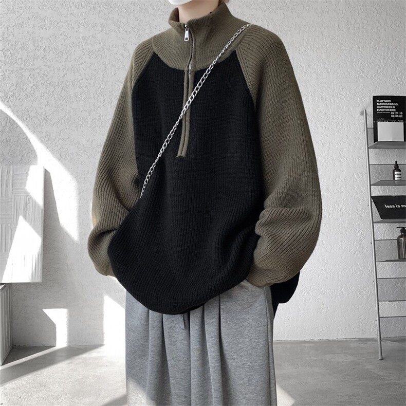 8XL-M撞色半拉链毛衣宽松慵懒风插肩袖大码针织衫外套MY1513/P75,男装针织衫/毛衣,电商B238