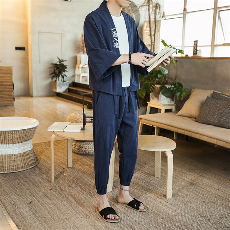 夏季大码风刺绣汉服套装棉麻道袍学生两件套装潮TZ01/P85,男装休闲套装,钱塘713