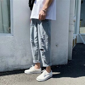 春夏坠感阔腿破洞牛仔裤男潮流直筒宽松裤子痞帅韩版百搭CN60-P35图片