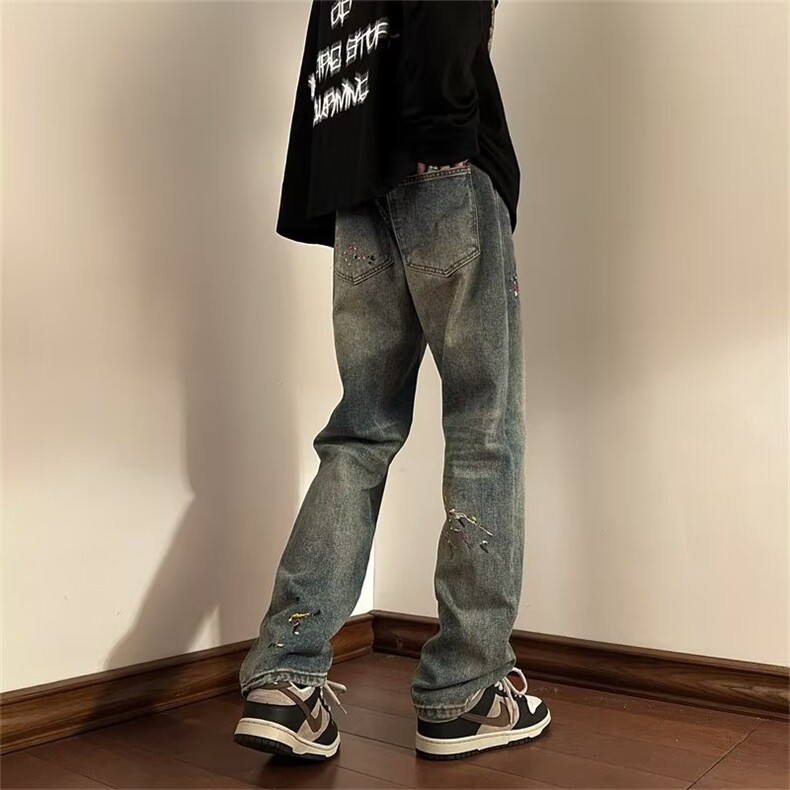 高街牛仔裤男士韩版潮流刺绣彩色直筒2024夏季ins长裤RK1996-P45，男装牛仔裤，星座412-2