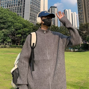 立领双拉链针织开衫男秋冬慵懒风宽松纯色百搭毛衣外套 M7351图片