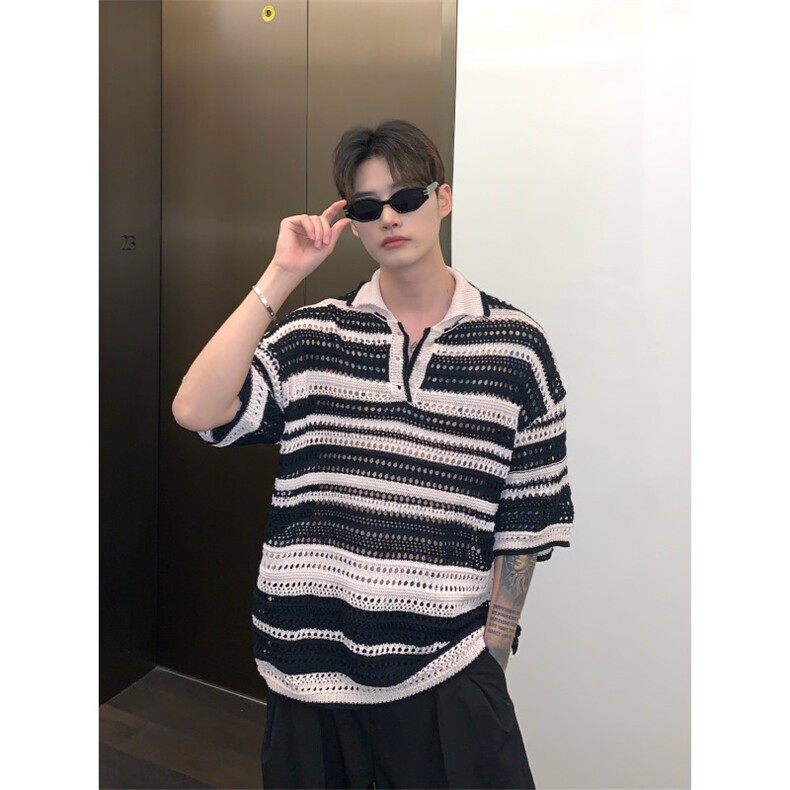 BOYUE帛跃镂空条纹短袖夏季韩版原宿风情侣高级感透气小众男，男装T恤，四季星座505