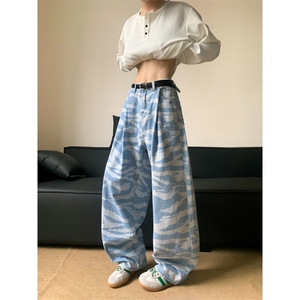 美式复古水洗波浪纹阔腿牛仔裤男女夏季宽松休闲百搭拖地裤图片