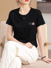 休闲风短袖简约高级印花棉T，女装T恤，元素羊绒
