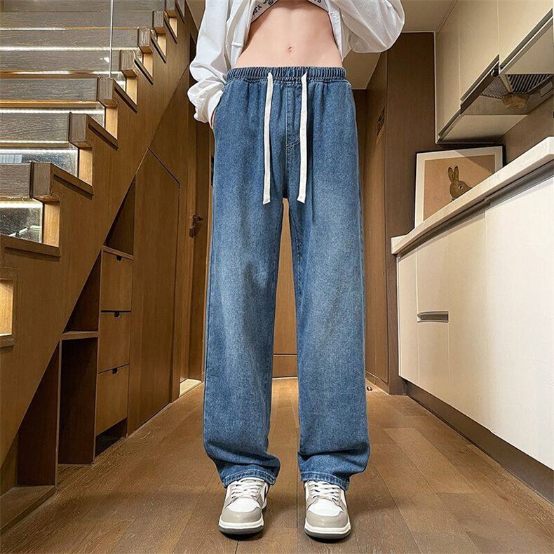 主推港风街头宽松直筒休闲潮流百搭抽绳男女牛仔裤K039-p45四季款，男装牛仔裤，星座224-3