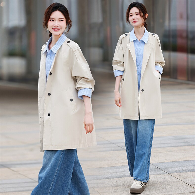 条纹拼接中长宽风衣女假两件女春季新款设计感减龄夹克上衣，女装风衣，鑫源服饰