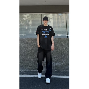 星座910-拼接弯刀-视频切片-抽绳直筒宽松牛仔裤复古做旧-G9101图片