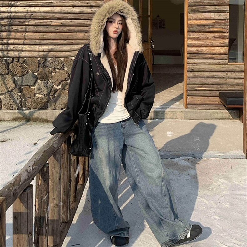 现货重磅boxy短款棉衣座山雕大毛毛领男女棉服水洗工装厚外套,男装棉衣,电商A486-1