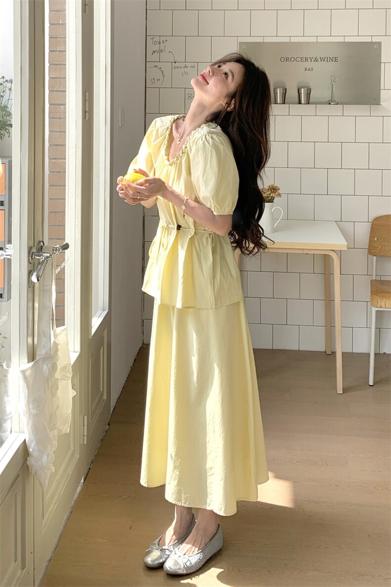 法式小清新设计套头短袖衬衫女装夏上新浪漫气质系带遮肚小衫上衣,女装套装/套裙,2C230