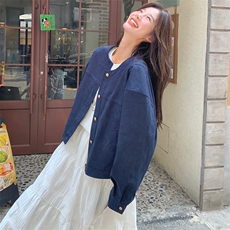 藏青色休闲短外套女2025春季新款小个子宽松减龄夹克韩系chic上衣，女装短外套，维壹