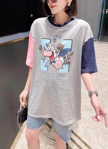 2021夏季拼色设计活性印染高飞图案全棉T恤，女装T恤，程稀