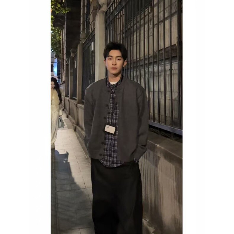 现货~龙叨叨老钱风假两件格纹拼接长袖针织开衫外套MY2573批88,女装短外套,星座1411A-6