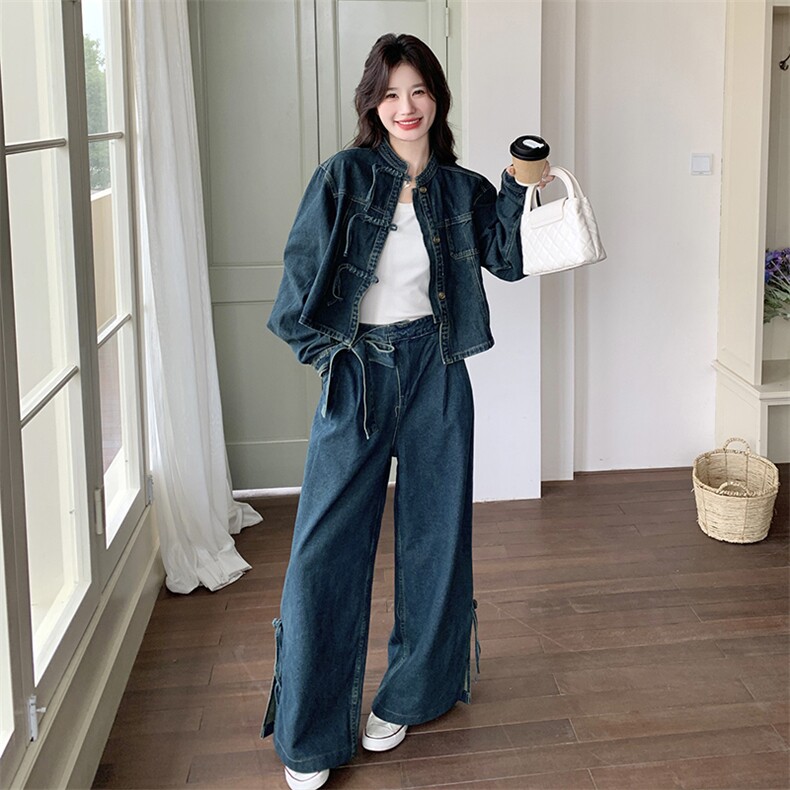 新中式国风牛仔阔腿裤套装女春秋盐系轻熟两件套俏皮活泼流行爆款,女装套装/套裙,2C028
