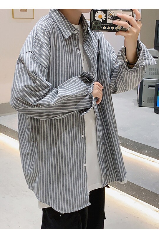 秋季新款港风休闲宽松衬衣男外穿潮流条纹百搭长袖衬衫CS23/,男装衬衫,电商D202