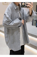秋季新款港风休闲宽松衬衣男外穿潮流条纹百搭长袖衬衫CS23/，男装衬衫，电商D202