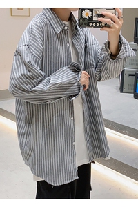 秋季新款港风休闲宽松衬衣男 外穿潮流条纹百搭长袖衬衫 CS23/图片