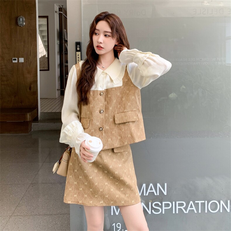 小个子甜美气质套装裙女2025秋季新款设计感假两件上衣短裙两件套,女装套装/套裙,2C032