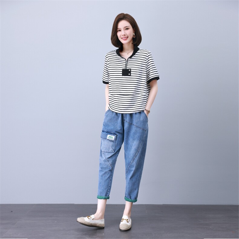 夏季T恤套装女2024年新款中年妈妈宽松时尚短袖休闲牛仔裤两件套,女装套装/套裙,叶笙衣