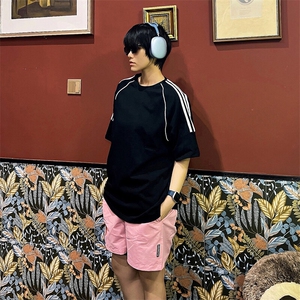 得物抖音品质二开240克重磅宽松纯棉美式高街半杠织带短袖T恤图片